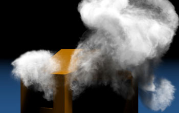 Illustration showing smoke enhanced by wavelet turbulence flows around a complex obstacle.