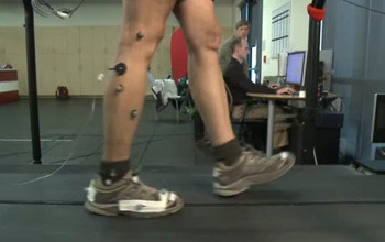 Close up of two legs with various sensors attached to one of them