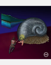 Fantasy illustration shows the deep-sea gastropod's strong shell protects it from a knight's lance.