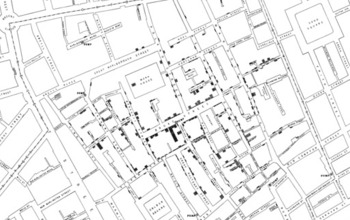 Original London map made by John Snow in 1854 showing Cholera cases highlighted in black.
