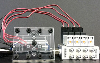 An 8-bit pneumatic RAM chip used to help a soft robot control its movements.