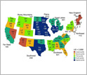 Map of the U.S. states showing the predicted number of cases of avian influenza in wild birds.