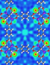 A neutron-scattering image shows hydrogen (red-green circles) bound in a MOF crystal.