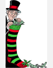 Illustration of an elderly man with a top hat holding a Christmas stocking filled with cash.