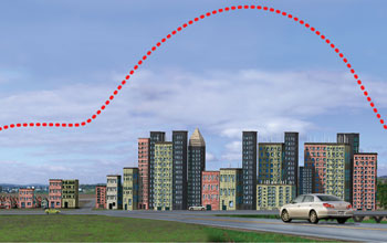 Illustration showing how temperatur is higher over urban envrionments compared to rural