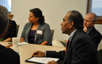 Photo of NSF Director Subra Suresh at a STEM education roundtable at Iowa State University.