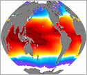 illustration showing the Earth map with a mass of water in the Western tropical Pacific