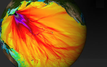 Colors in this image depict peak wave heights of the tsunami that hit Japan on Friday, March 11.