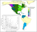 Map of North and South America showing the spread of the West Nile virus.