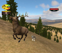 Computer screen capture of a wolf avatar attacking an elk.