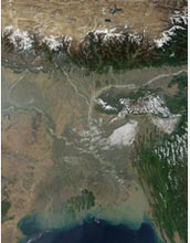 Satellite image of India's Ganges River pouring sediment into the Bay of Bengal.