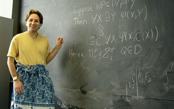 Scott Aaronson wearing a sarong while proving a theorem in his class.