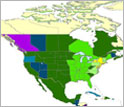 Map of the western hemisphere showing the year of West Nile virus detection.