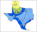 Map of Texas showing wind farm locations as of the year 2010.