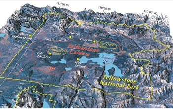 Topography of Yellowstone National Park showing the volcano's caldera, or sunken floor.