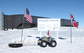 Yeti robot in front of the research building at the South Pole