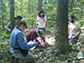 Jeff Blanchard, kneeling at center in hat, collects soil samples surrounded by students