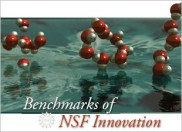 top portion of cover page for the Benchmarks of NSF Innovation, includes illustration of molecule chains above rippling water