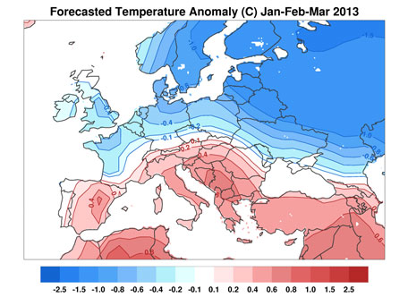 Image showing a Forecast Temperature Anomaly Jan-Feb-Mar 2013. Click for larger image.