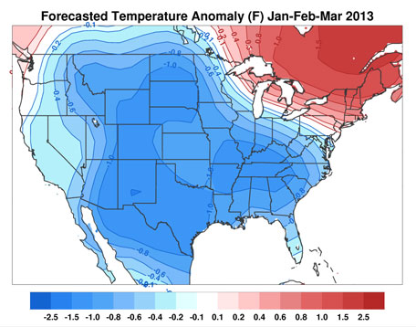 Image showing a US Forecast Temperature Anomaly Jan-Feb-Mar 2013. Click for larger image.