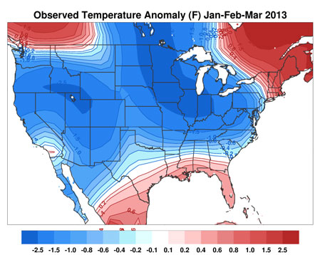 Image showing a US Observed Temperature Anomaly Jan-Feb-Mar 2013. Click for larger image.