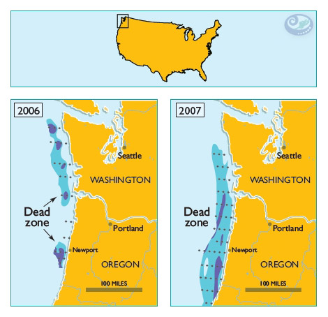 Map of deadzones along Washington and Oregon coasts, comparing 2006 with 2007