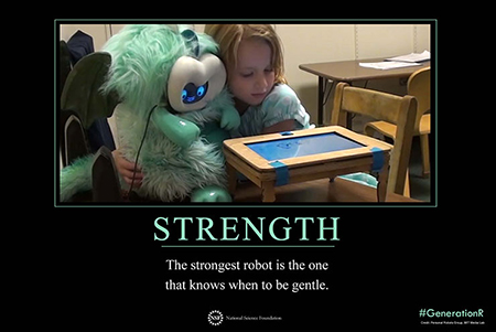 Furry robot with child and the words: Strength - The strongest robot is the one
that knows when to be gentle.