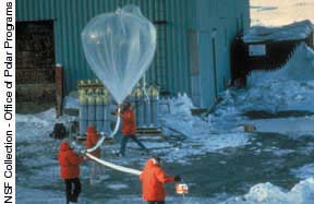 Launching of a weather balloon in the South Pole. Photgraph from the NSF Collection - Office of Polar Programs