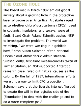 The Board met in March 1987 amidst global anxiety about a growing hole in the protective layer of ozone over Antartica. A debate raged as to whether chlorofluorocarbons (CFCs), used in coolants, insulators, and sprays, were at fault. Board Chair Roland Schmitt pushed NSF to investigate the problem. The world was watching. 'We were working in a goldfish bowl,' says Susan Solomon of the National Oceanic and Atmospheric Administration. Subsequently, first-time measurements taken at Palmer Station, an NSF-supported Antarctic research base, ruled out natural causes as the culprit. By the fall of 1987, international efforts were underway to limit CFC production. Solomon says that the Board's interest 'helped to create the will in the logistics side of the [Foundation] to deal with the challenge and to do a more complete job.