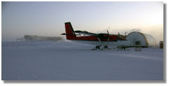 Twin Otter evacuation aircraft parked on the South Pole skiway