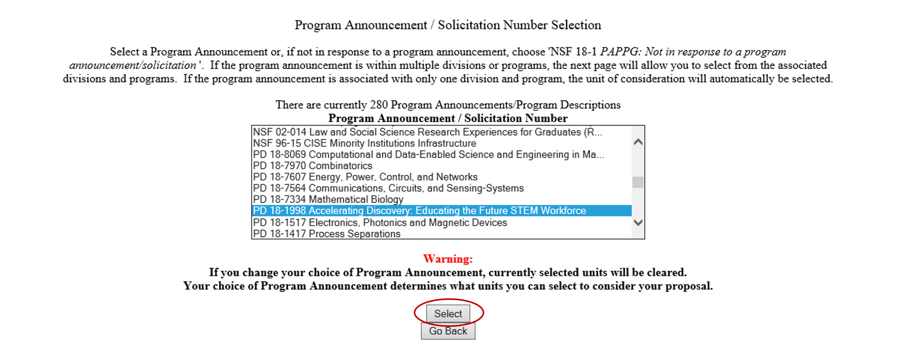 Program Announcement/Solicitation Number Selection - 1.	User selecting Accelerating Discovery from the Program Announcement drop-down menu