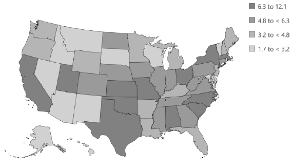 FIGURE 4. Business funding share of higher education R&D, by state: FY 2016.