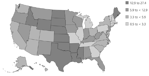 FIGURE 5. State and local government funding share of higher education R&D, by state: FY 2016.